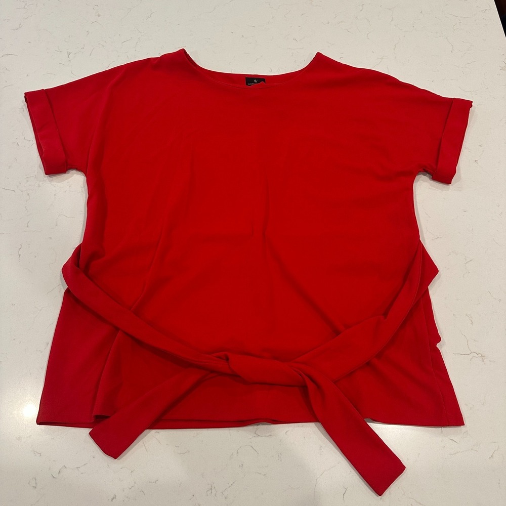 Worthington Womens Size XL Red Blouse Top Pullover Short Sleeve Tie Waist Light